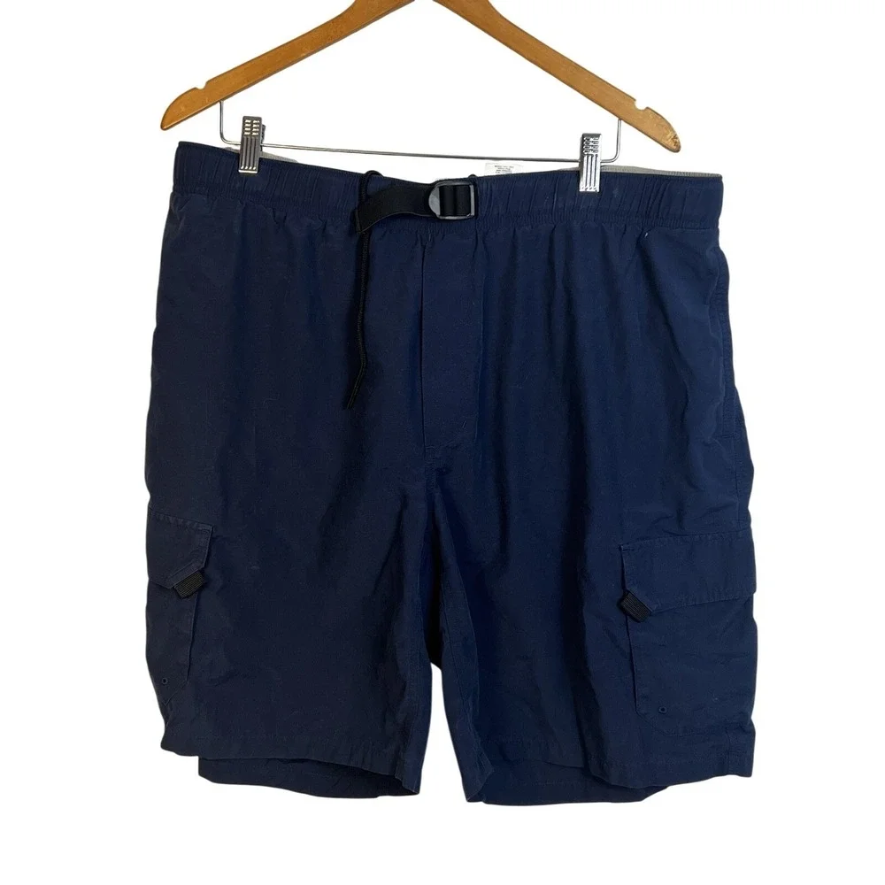 Columbia Mens Navy Blue Packable Cargo Shorts Elastic‎ Waist Belted Outdoor L